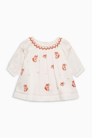 Ecru Fox Embroidered Dress (0mths-2yrs)